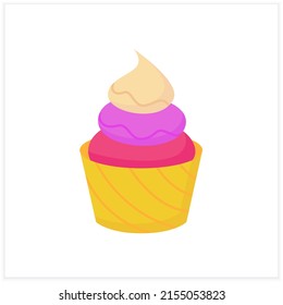 Vanilla ice cream flat icon. Delicious dessert. Tasty frozen ice in waffle bowl. Summer sweets. Color vector illustration