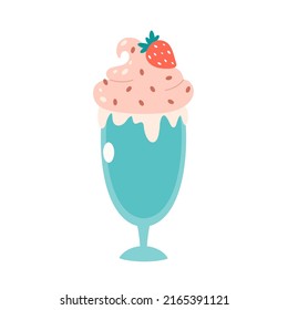 Vanilla ice cream in glass with strawberry. Summertime, hello summer. Hand drawn vector illustration