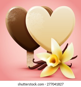 Vanilla ice cream. Heart shaped frosted sweet ice-cream on a stick with flower and pods. Realistic detailed vector illustration.