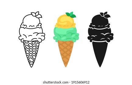 Vanilla Ice Cream horn with mint cartoon set, line icon and black glyph style. Kawaii bright summer collection sweet fast food. Comic sketch cone Ice cream. Isolated dessert vector illustration