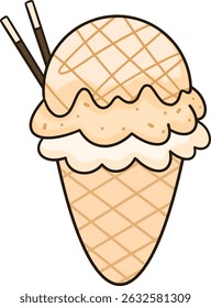 Vanilla ice cream, iced tea with caramel sauce and a Pocky stick in the cone.