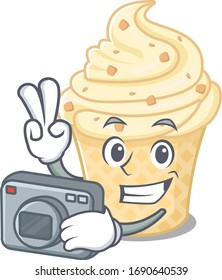 Vanilla ice cream mascot design as a professional photographer working with camera