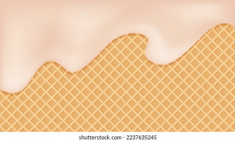 Vanilla ice cream melted on a waffle cone background.