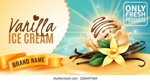 Vanilla ice cream naturally flavored product advertising poster with plant flower aromatic seed pods realistic vector illustration