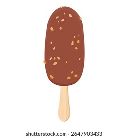 Vanilla ice cream with nut pieces and crunchy chocolate topping on wooden stick isolated on white background. Chocolate popsicle eskimo. Vector illustration