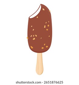 Vanilla ice cream with nut pieces and crunchy chocolate topping on wooden stick isolated on white background. Brown bitten chocolate popsicle eskimo. Vector illustration