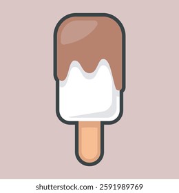 vanilla ice cream popsicle with chocolate topping cream in outline flat vector design