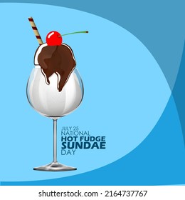 Vanilla ice cream poured with melted chocolate with cherry fruit topping and chocolate biscuit sticks named hot fudge sundae with bold text on blue background, National Hot Fudge Sundae Day July 25