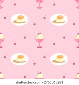 vanilla ice cream and pudding on a pink background. Vector illustration.