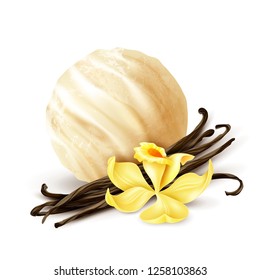 Vanilla ice cream scoop closeup realistic composition with aromatic dried beans and fresh yellow flower vector illustration