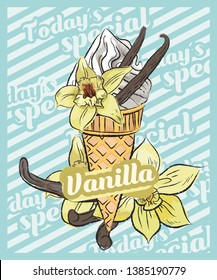 Vanilla ice cream scoop in cone. Vector sketch illustration. Fruit ice cream idea, concept