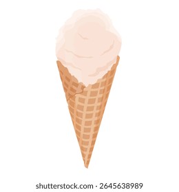 Vanilla ice cream scoop with a crisp waffle cone isolated on white background. Delicious ice cream. Tasty summer dessert icon for menu, packaging or food design. Vector illustration