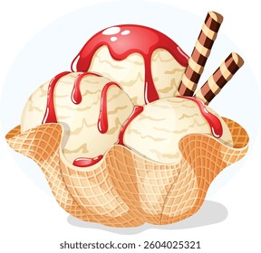 Vanilla Ice Cream Scoops with Strawberry Syrup and Chocolate Wafer Sticks Toppings in a Waffle Bowl. Summer Frozen Dessert Vector Art.