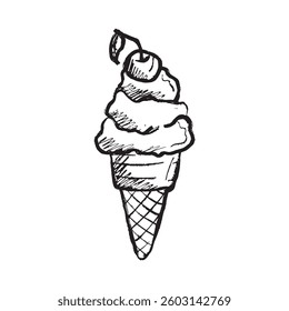 Vanilla ice cream scoops in waffle cone with cherry in black brush stroke texture isolated on white. Hand drawn vector sketch illustration in vintage charcoal ink. Popsicle, summer, menu design