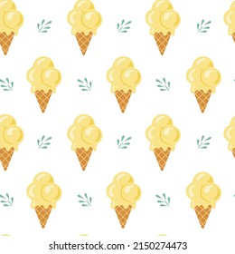 Vanilla ice cream seamless pattern. Tasty yellow waffle cone and leaves. Summer, kids, vacation or sweet food theme background. Minimalist cartoon desserts wallpaper. 