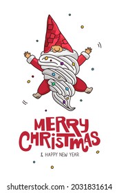 Vanilla ice cream in the shape of Santa Claus in a red waffle cone. The inscription Merry Christmas and Happy New Year. Lettering. Vector illustration isolated on white background.