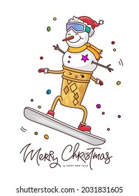 Vanilla ice cream in the shape of a snowman in a waffle cup flying on a snowboard. The inscription Merry Christmas and Happy New Year. Lettering. Vector illustration isolated on white background.