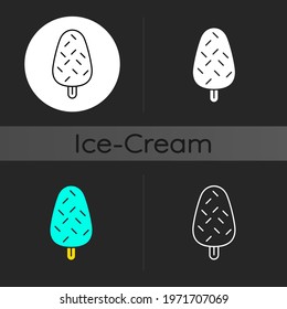 Vanilla ice cream with sprinkles dark theme icon. Adding texture to frozen chocolate dessert. Milk chocolate flavor. Linear white, simple glyph and RGB color styles. Isolated vector illustrations