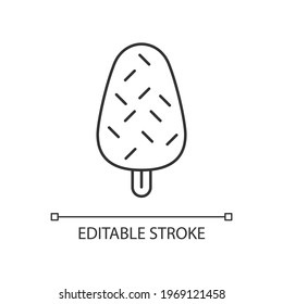 Vanilla ice cream with sprinkles linear icon. Adding texture to frozen chocolate dessert. Thin line customizable illustration. Contour symbol. Vector isolated outline drawing. Editable stroke