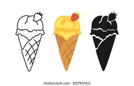 Vanilla Ice Cream with strawberry horn cartoon set, line icon and black glyph style. Kawaii bright summer collection sweet fast food. Comic sketch cone Ice cream. Isolated dessert vector illustration