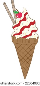 Vanilla Ice Cream with Strawberry Jam in a Cone