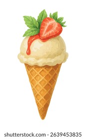 Vanilla ice cream with strawberry, mint and syrup in waffle cone – vector illustration isolated on white, ideal for summer dessert packaging and prints.