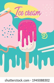 Vanilla ice cream. Sweet refreshing delicious frozen dessert. Pink popsicle. It can be used for card, poster etc