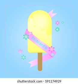 Vanilla ice cream vector illustration with ribbon, flowers and text "SUMMER".