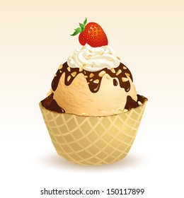 Vanilla ice cream with waffle basket, Vector