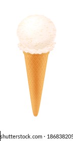 Vanilla ice cream in waffle cone.