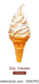 Vanilla ice cream waffle cone. Watercolor illustration on texture paper. Vintage style. Vector.