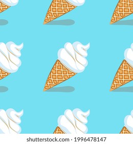 Vanilla ice cream in waffle cone with shadow on blue background. Summer seamless pattern. Cartoon style. Vector illustration.