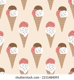 Vanilla ice cream in a waffle cone hand drawn vector illustration. Sweet dessert in flat style. Seamless pattern for children.