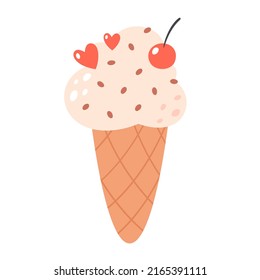 Vanilla ice cream in waffle cone with cherry. Summertime, hello summer. Hand drawn vector ilustration