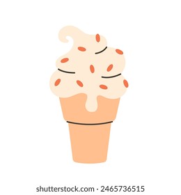 Vanilla ice cream in waffle cone. Summertime, summer dessert. Vector illustration in flat style