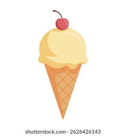 Vanilla ice cream waffle cone with cherry. Vector illustration. Isolated on white background
