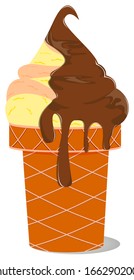 Vanilla ice cream in a waffle cup with caramel glaze. A series of food and drink and culinary ingredients.