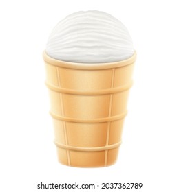 Vanilla ice cream in a waffle cup isolated on white background. White creamy ice cream close-up, plombir, sundae, Realistic 3D vector illustration