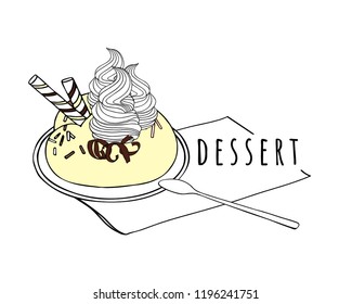 Vanilla ice cream with whipped cream, wafer rolls and chocolate chips on a plate with a spoon and a napkin. Hand drawn vector illustration.