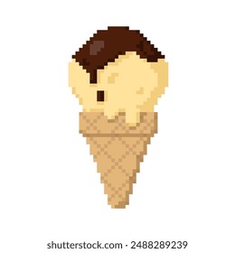 Vanilla ice-cream cone with chocolate on top flat icon vector. Pixel 8bit style