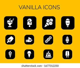 vanilla icon set. 12 filled vanilla icons. Included Ice cream, Popsicle, Cream, Cannoli, Creme caramel, Sundae icons