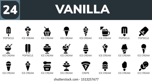 vanilla icon set. 24 filled vanilla icons.  Collection Of - Popsicle, Ice cream, Crepe icons