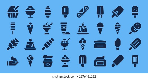 conjunto de iconos de vainilla. 32 iconos de vainilla rellenos. Incluye helados, popsicle, crema, crema caramelo, iconos cannoli