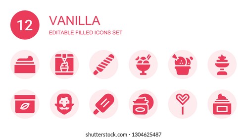 vanilla icon set. Collection of 12 filled vanilla icons included Cream, Ice cream, Popsicle, Ginger, Popsicle stick