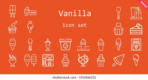 vanilla icon set. line icon style. vanilla related icons such as ice cream cone, ice cream, scoop, piece of cake, ice cream machine, cupcake, frozen yogurt