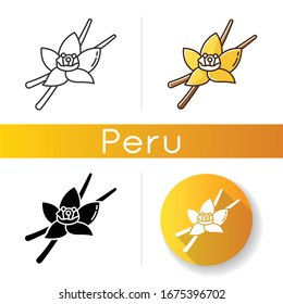 Vanilla icons set. Aromatic flower and pods of vanilla orchid. Aroma and flavor compound for foods and beverages. Cosmetic plant. Linear, black and RGB color styles. Isolated vector illustrations