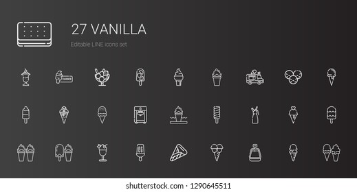 vanilla icons set. Collection of vanilla with ice cream, popsicle, whipped cream, ice cream machine, ice truck, cone. Editable and scalable vanilla icons.