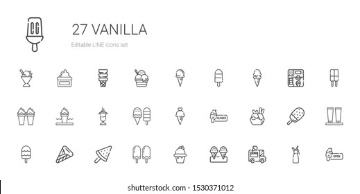vanilla icons set. Collection of vanilla with ice cream car, ice cream, popsicle, ice cream cone, whipped sorbet. Editable and scalable vanilla icons.