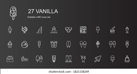 vanilla icons set. Collection of vanilla with ice cream, sorbet, cream, caramel, popsicle, frozen yogurt. Editable and scalable vanilla icons.