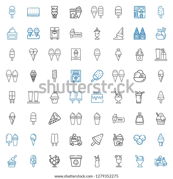 vanilla icons set. Collection\
of vanilla with ice truck, sorbet, ice cream, whipped cream,\
popsicle, ice cream car, ice cream cone. Editable and scalable\
vanilla icons.